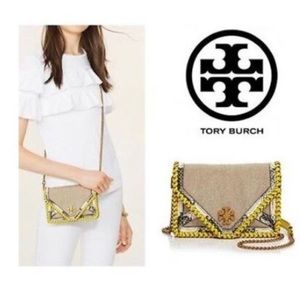 Tory Burch Kira Linen Braided Crossbody Gold Chain Bag